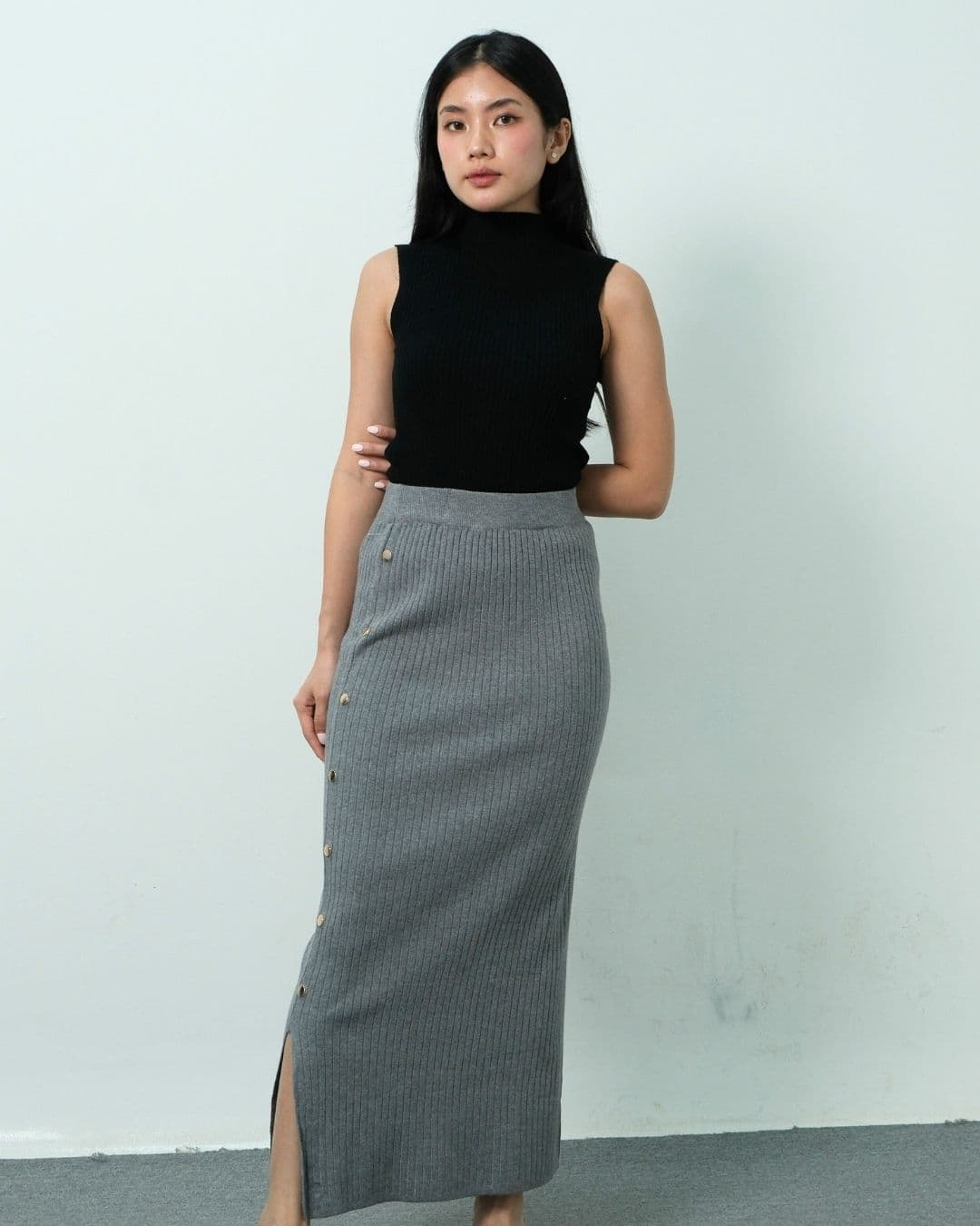 Margatha Long Bodycon Knit Skirt Gold Buttons