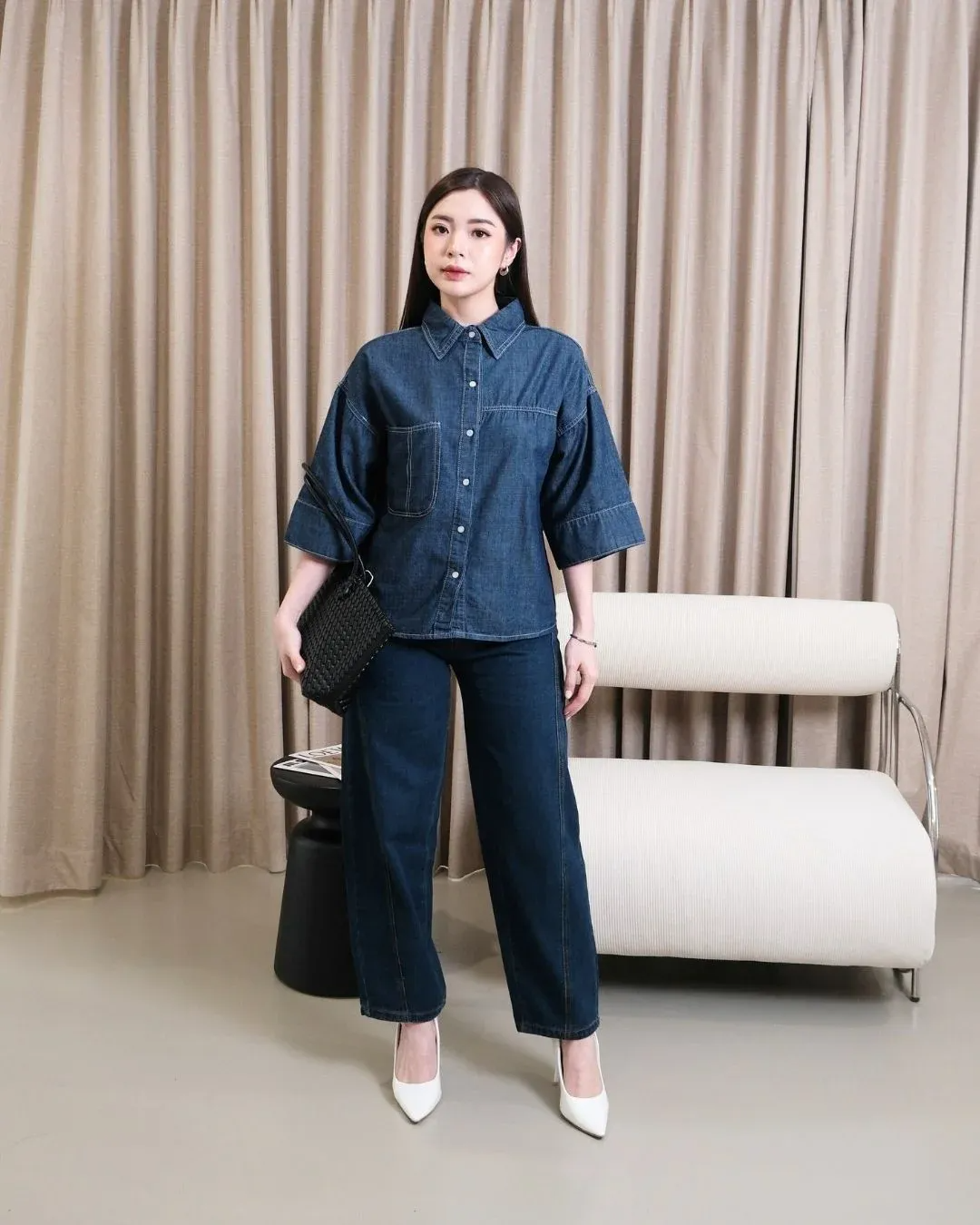 Michie Cropped Sleeve Denim Shirt
