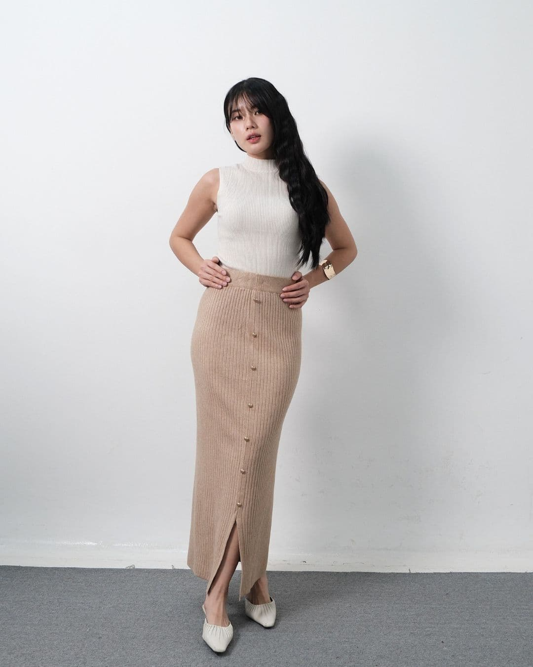 Arianna Long Bodycon Knit Skirt Gold Buttons