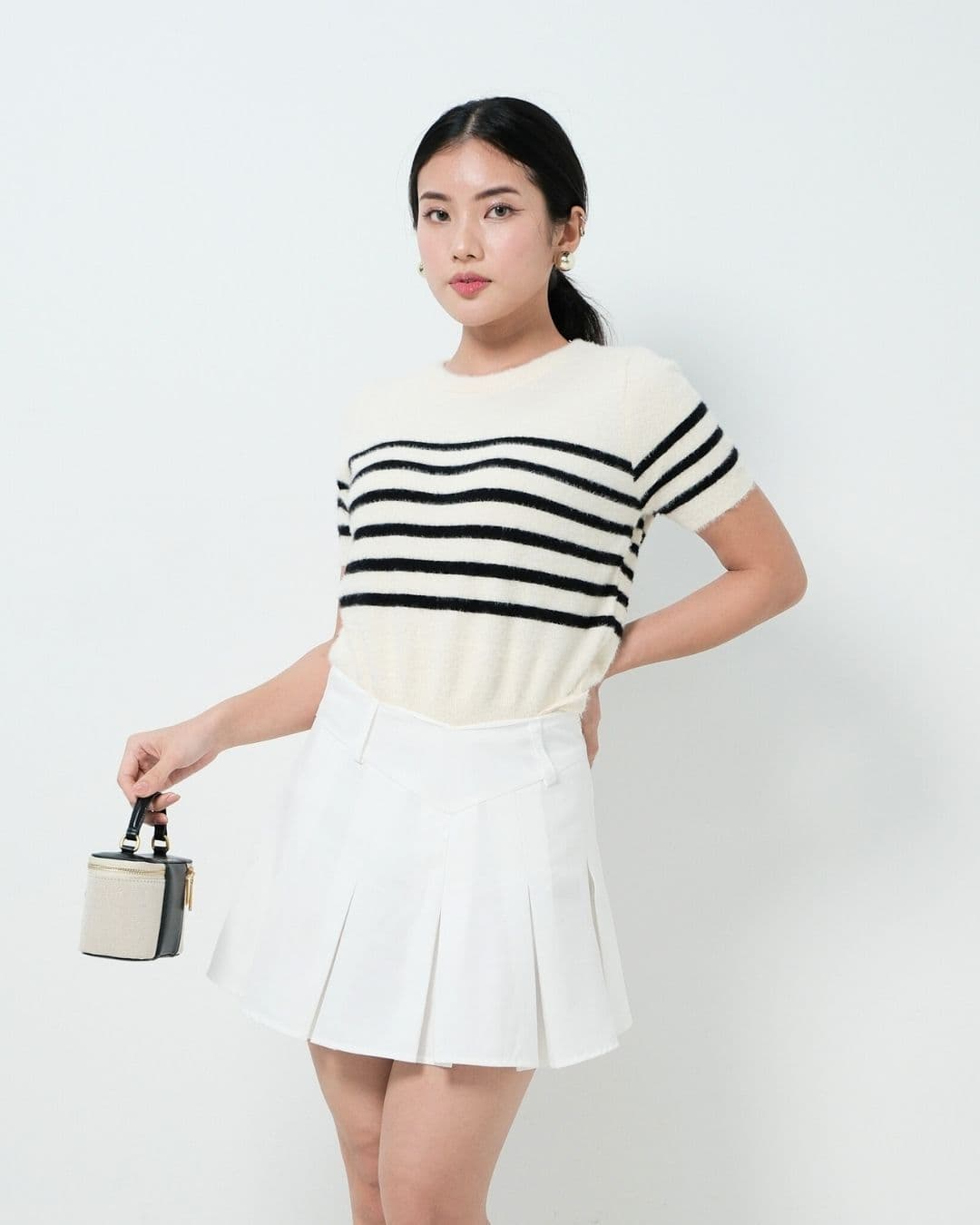 Navisha Short Sleeve Stripe Fuzzy Top
