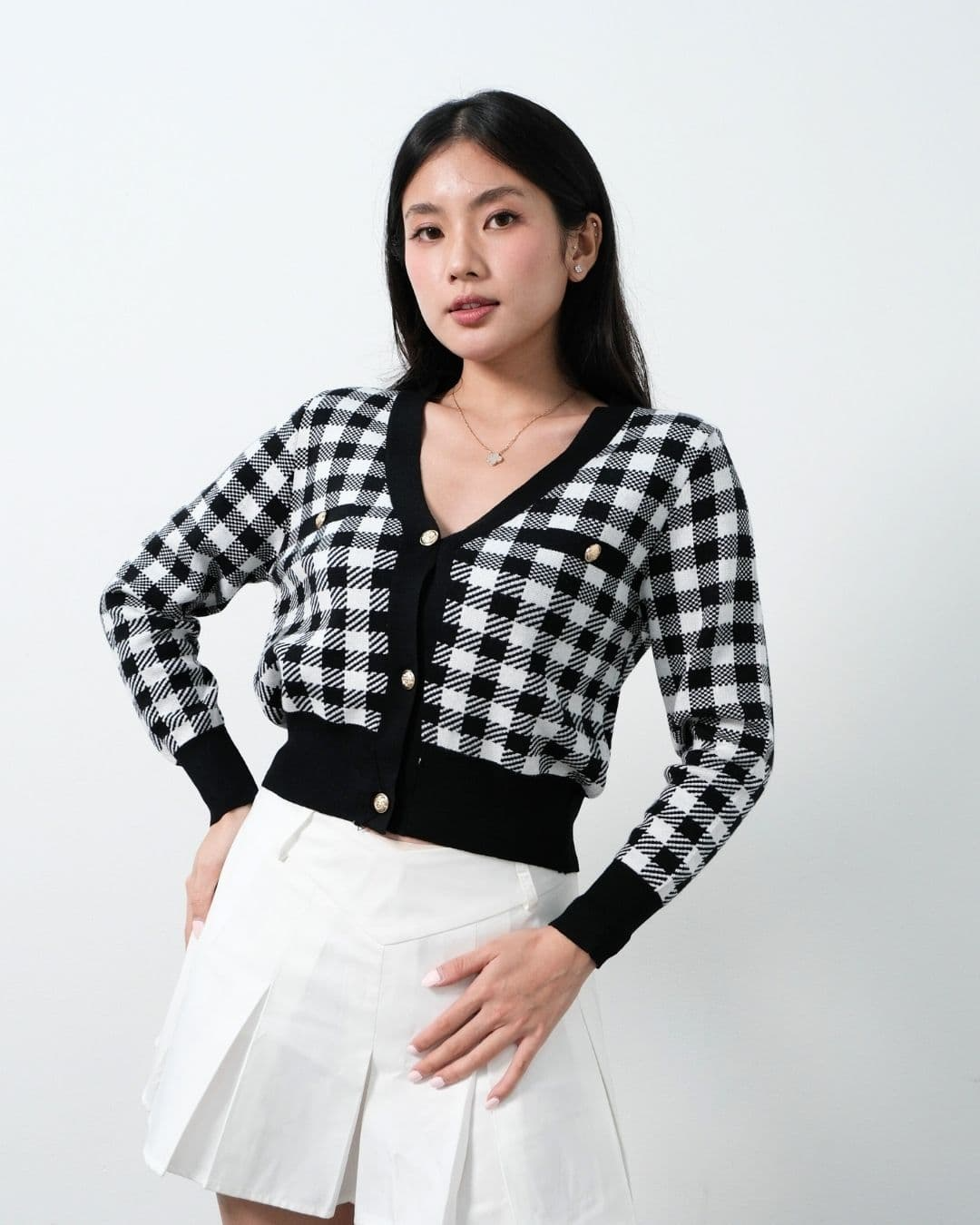 Dellane Cropped Knit Cardigan With Gold Buttons